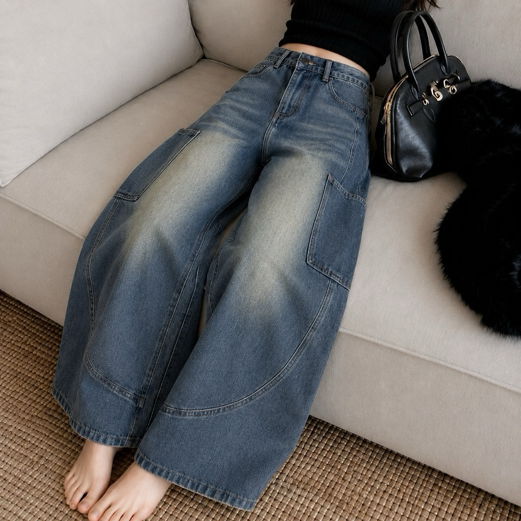 JINJEANS-589 (XS-6XL) กางเกงยีนส์คาร์โก้สีสนิม ทรงบาเรล กระเป๋าเฉียงสวยมาก พร้อมส่งจากไทย
