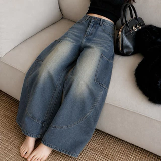 JINJEANS-589 (XS-6XL) กางเกงยีนส์คาร์โก้สีสนิม ทรงบาเรล กระเป๋าเฉียงสวยมาก พร้อมส่งจากไทย