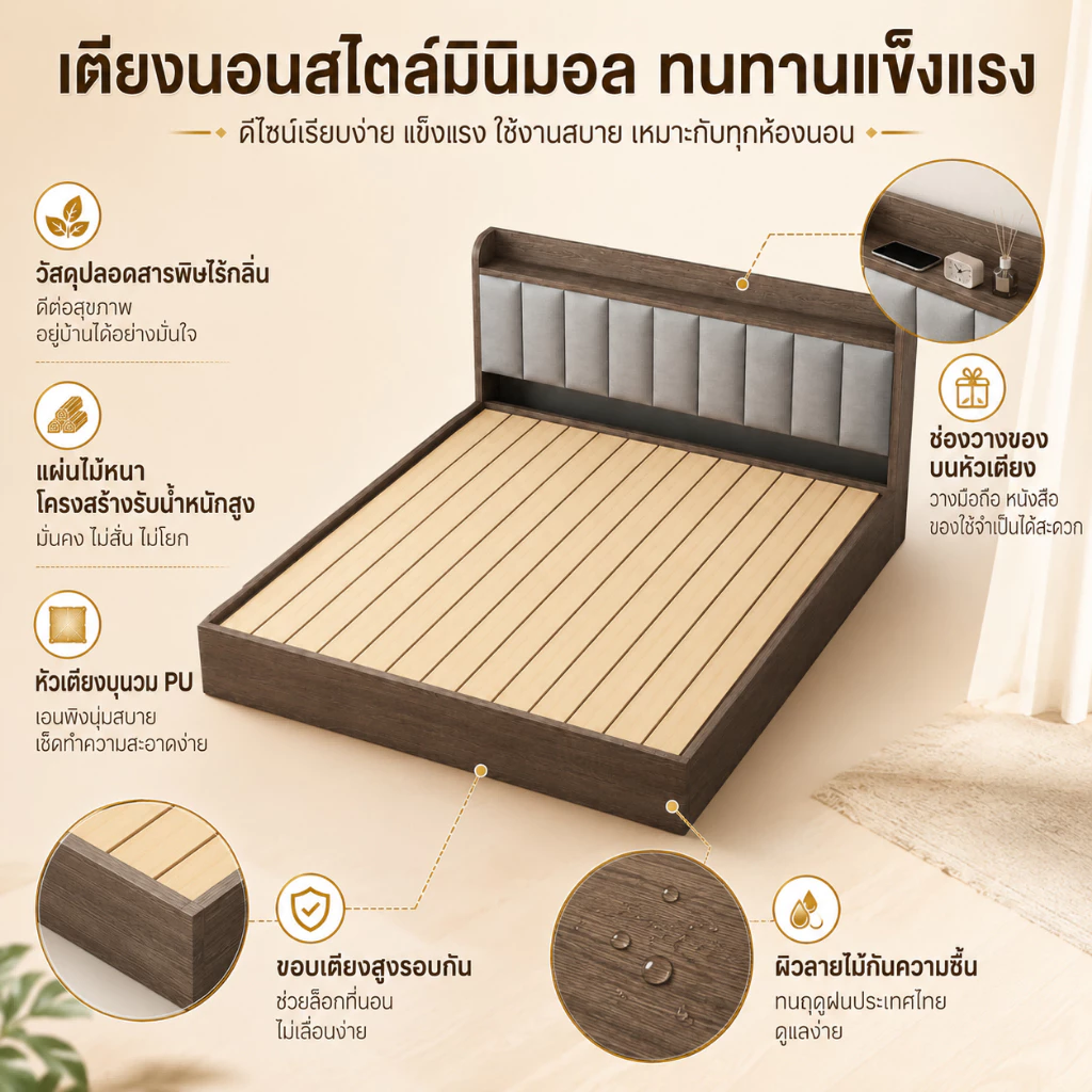 WHF เตียงไม้ ดีไซน์นอร์ดิกมินิมอล ขนาด 4ฟุต/5ฟุต/6ฟุต thumbnail 3