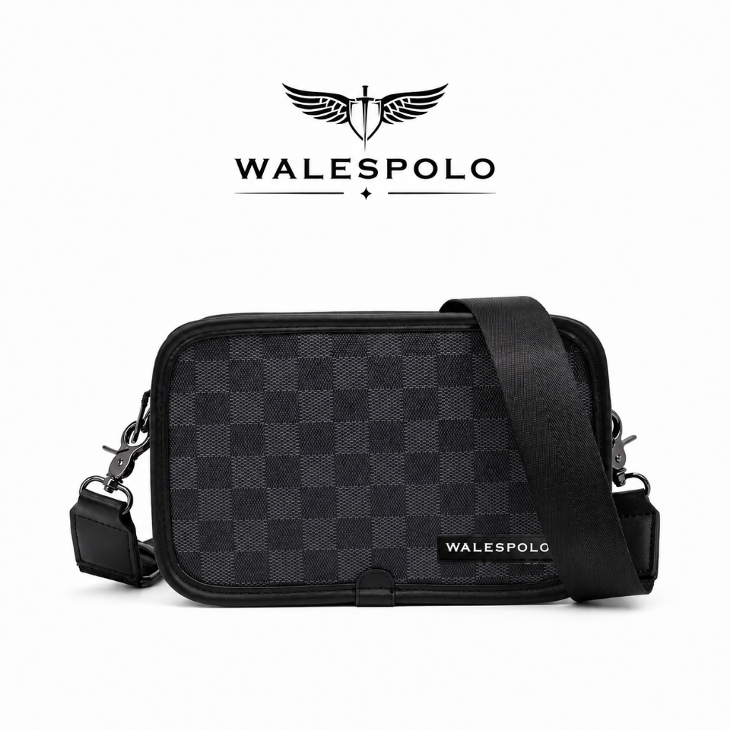 ขายดี WALESPOLO กระเป๋าสะพายข้างผู้ชาย ลายตาราง หนัง  ทรงสี่เหลี่ยม ใบเล็ก น้ำหนักเบา สายปรับได้ ใช้ทุกวัน
