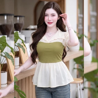 เสื้อแฟชั่น ผ้าร่องพรีเมี่ยม คอปก แขนตุ๊กตาแต่งผ้าชีฟอง ผ้าใส่สบาย ใส่ทำงาน ใส่แมท LG346