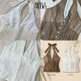 Sammy Top เสื้อคล้องคอผ้าโคเชแต่งขอบลูกไม้กระดุมมุกมีซับใน(ไม่มีฟองน้ำ)