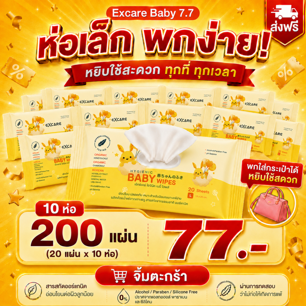 EXCARE Baby Wipes ทิชชู่เปียกเด็ก 20 แผ่น x10 ห่อ (200 แผ่น) สูตรออร์แกนิก พกพาสะดวก ไม่มีแอลกอฮอล์ ผิวแพ้ง่าย