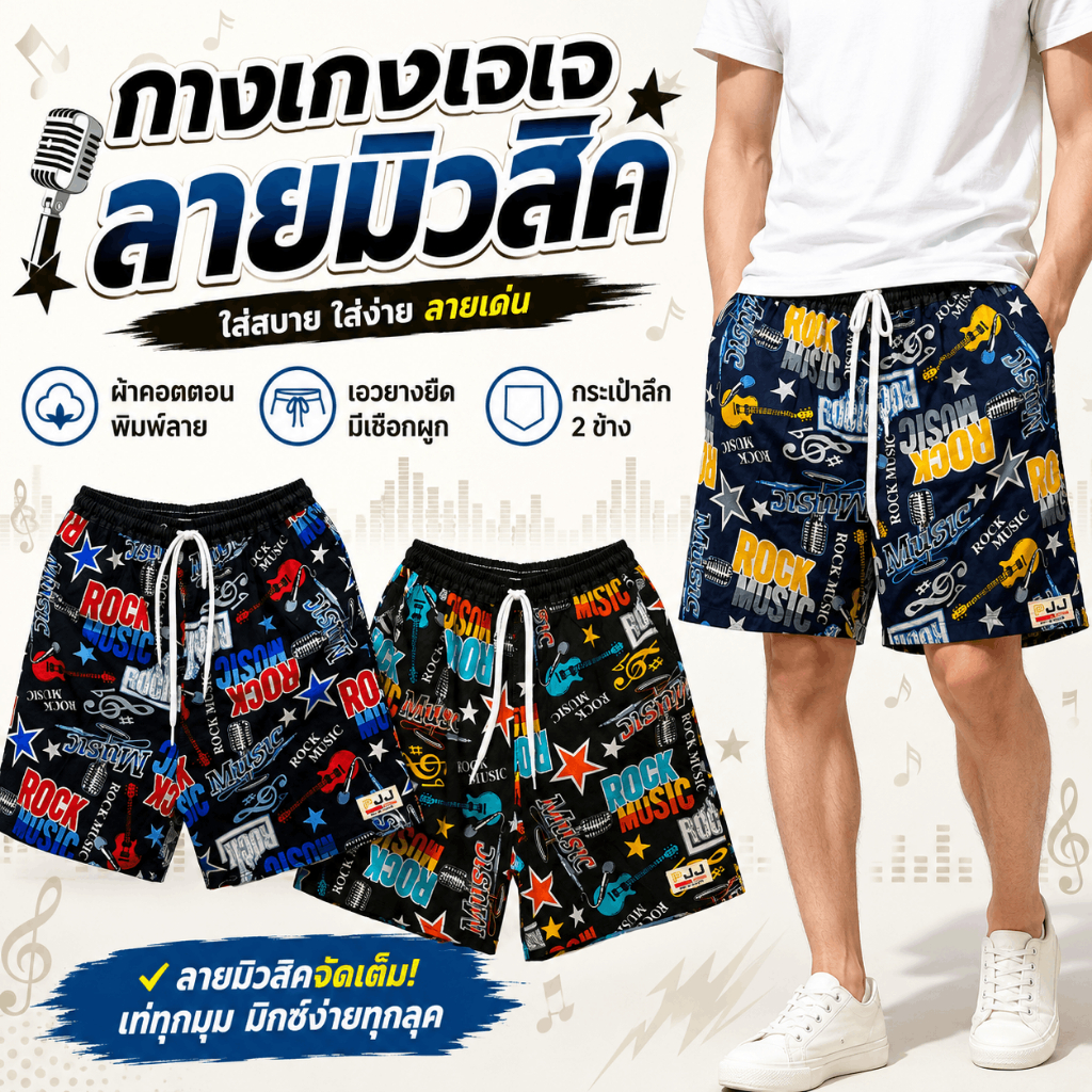 กางเกงเจเจแท้ ขาสั้นไซส์ M/L/XL ลาย"มิวสิค" ร้านคละสีให้ ผ้านิ่มหนา ใส่สบายผู้ชาย ผู้หญิง ไม่ตกสี