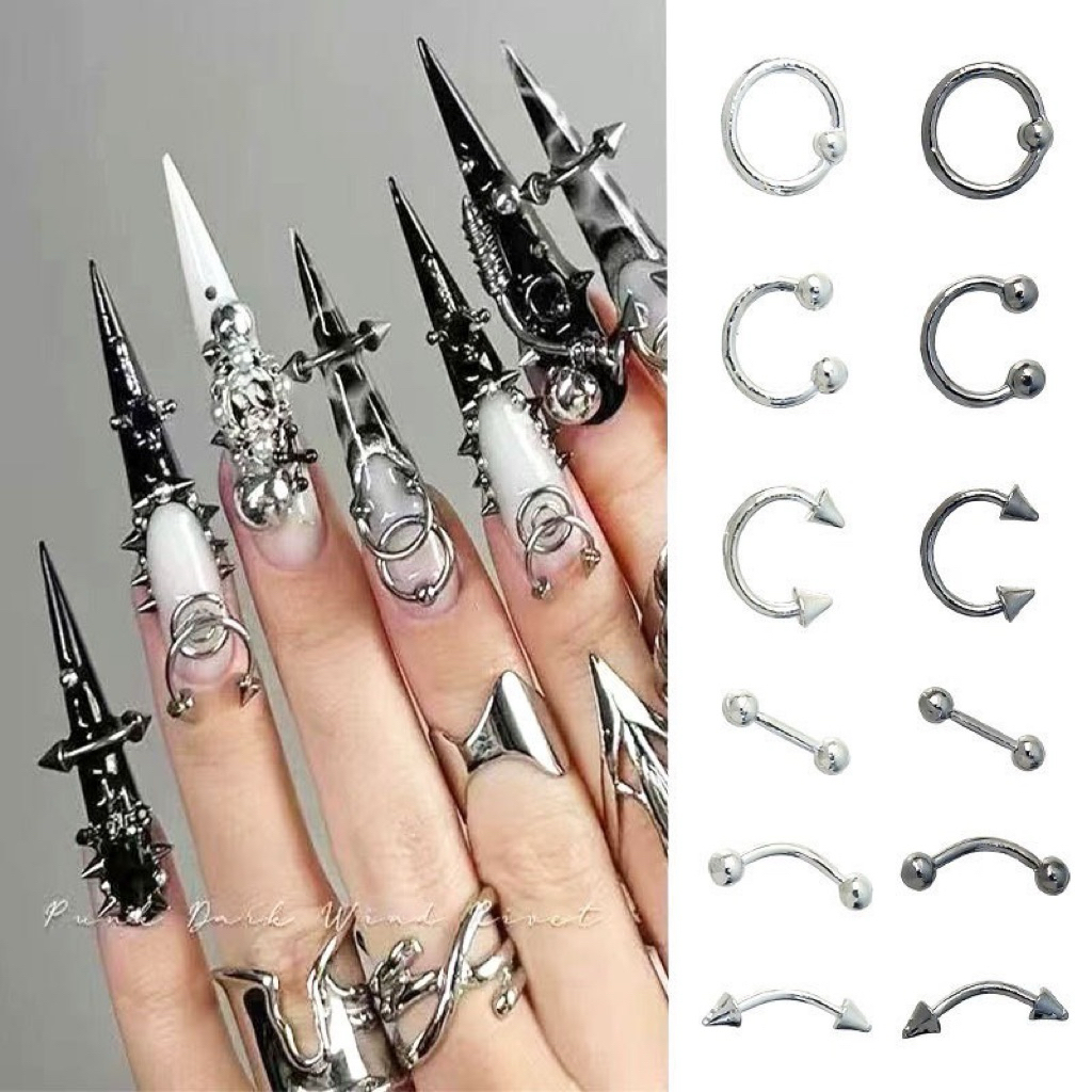 โลหะผสม Retro วงกลมเล็บ Art Charms 3D Punk สไตล์สีดําเงินเล็บอะไหล่ตกแต่งเล็บ ( 10 ชิ้นต่อแพค)