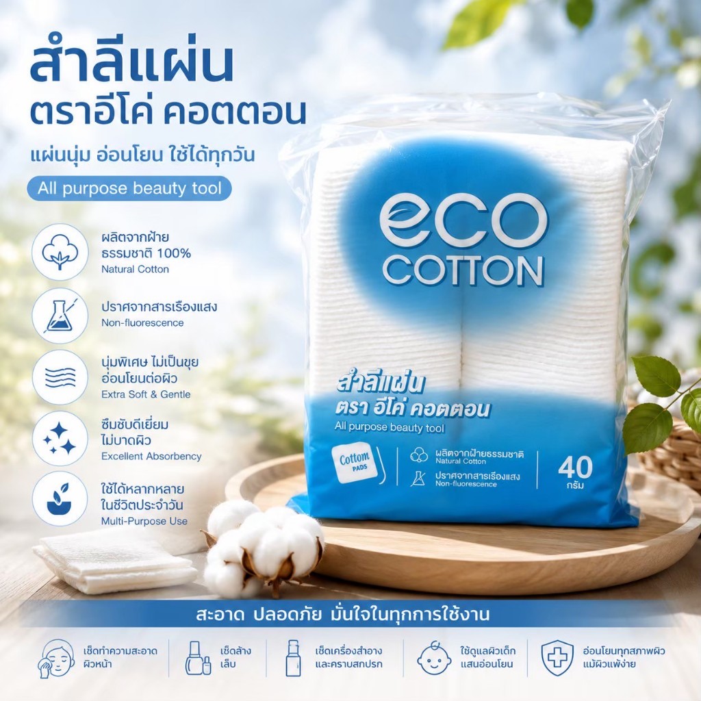 พร้อมส่ง🌿 สำลี ตราอีโค่ คอตตอน (eco cotton) 40 กรัม: ผลิตจากฝ้ายธรรมชาติ 100%!