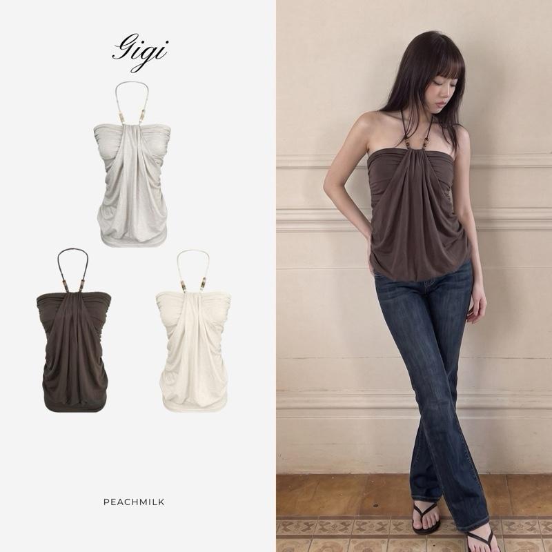 PEACHMILK - Gigi Draped Halter Top เสื้อเกาะอกคล้องคอรูดหน้า เสื้อคอถ่วงยาวพรางหุ่นพรางพุง ผ้ายูนิโคล่ยืดนุ่มพิเศษ