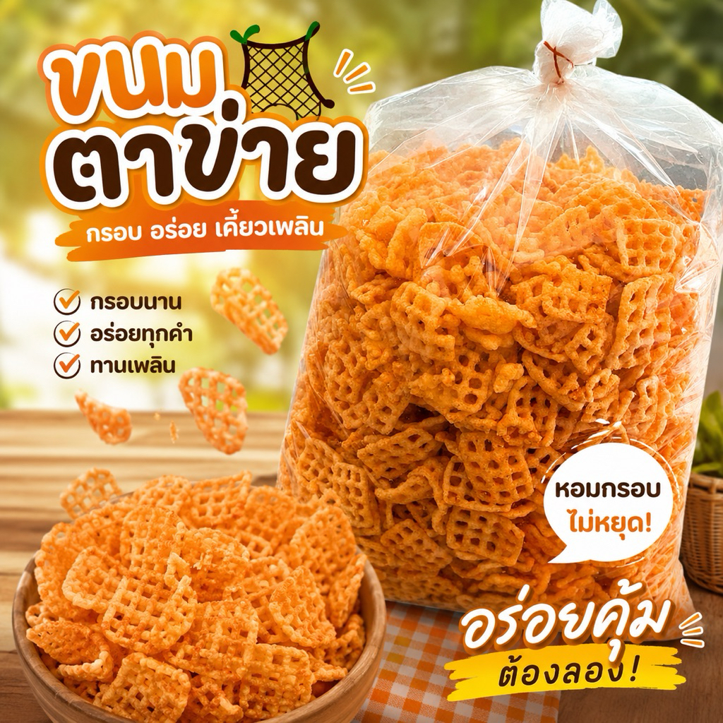 ขนมตาราง ตาข่าย ข้าวเกรียบอบกรอบตาราง