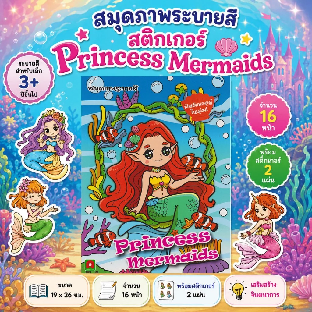 Aksara for kids หนังสือเด็ก ระบายสี สติกเกอร์ Princess Mermaids