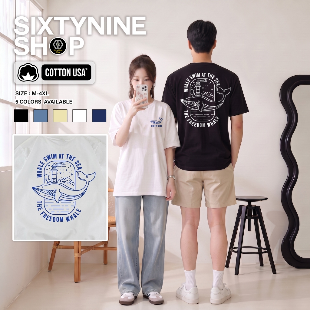 เสื้อยืดผ้าคอตตอน M-4XL พิมพ์ลาย " WHALE " พร้อมส่ง