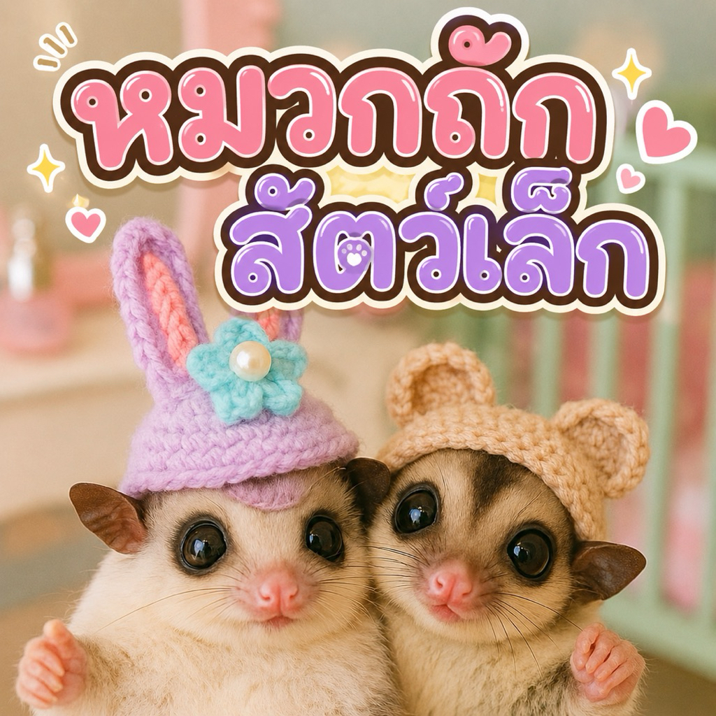 หมวกถักสัตว์เล็ก ชูการ์ กระรอก แฮมเตอร์ เม่นแคระ ลิงมาโมเสท งานสวยราคาถูก งานถักมือทุกใบ