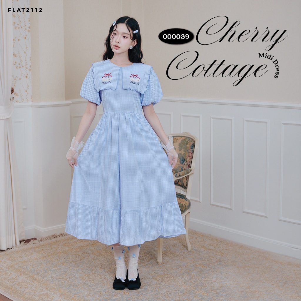 FLAT2112 : CHERRY COTTAGE MAXI DRESS เดรสยาวคุณหนูหรูแพง เดรสยาวปกกะลาสี เดรสคุณหนูอังกฤษ เดรสสีฟ้าพาสเทลน่ารัก (000039)
