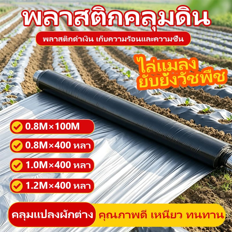 พลาสติกคลุมดิน กว้าง 80cm 100cm 120cm ยาว 400 หลา(360ม)ผ้ายางคลุมแปลงผัก คลุมแปลงเกษตร ดำเงิน ผสมยูวี กันวัชพืช