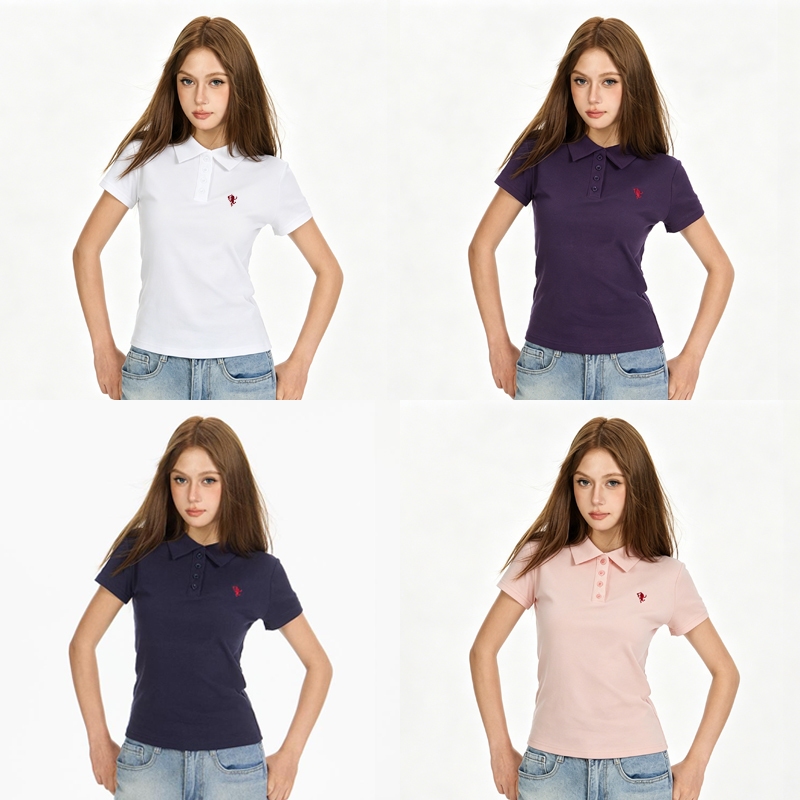 HELLDUL T0010 เสื้อโปโลสั้นผู้หญิง คอปกไหล่ตรง ทรงรัดเอวเข้า