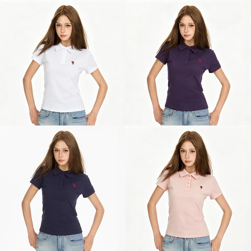 HELLDUL T0010 เสื้อโปโลสั้นผู้หญิง คอปกไหล่ตรง ทรงรัดเอวเข้ารูป มีหลายสี ผ้าสบายฤดูร้อน พร้อมส่งจาก