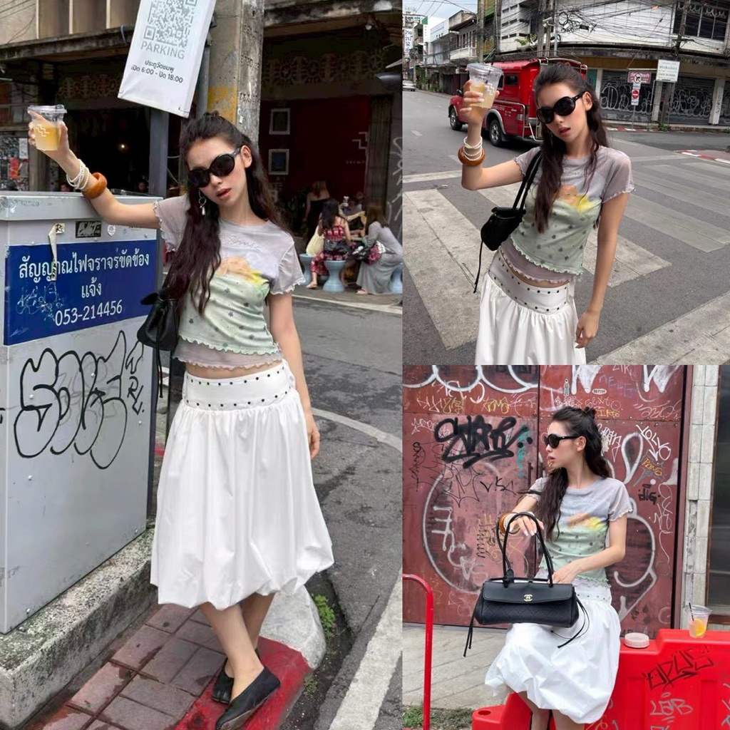Glamorg1075-เสื้อยืดแต่งขอบ2เลเยอร์ ขอบย่น สกรีนลายน่ารัก*