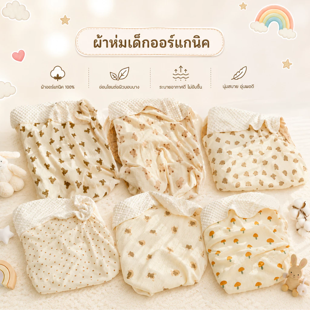 Royal kids ผ้าห่มเด็ก เนื้อผ้าคอตตอล ผ้าห่ม Popcorn ปุ่มดอทมิงค์ มีสองด้าน กันสะดุ้งได้ เป็นผ้าฝ้ายออร์แกนิค