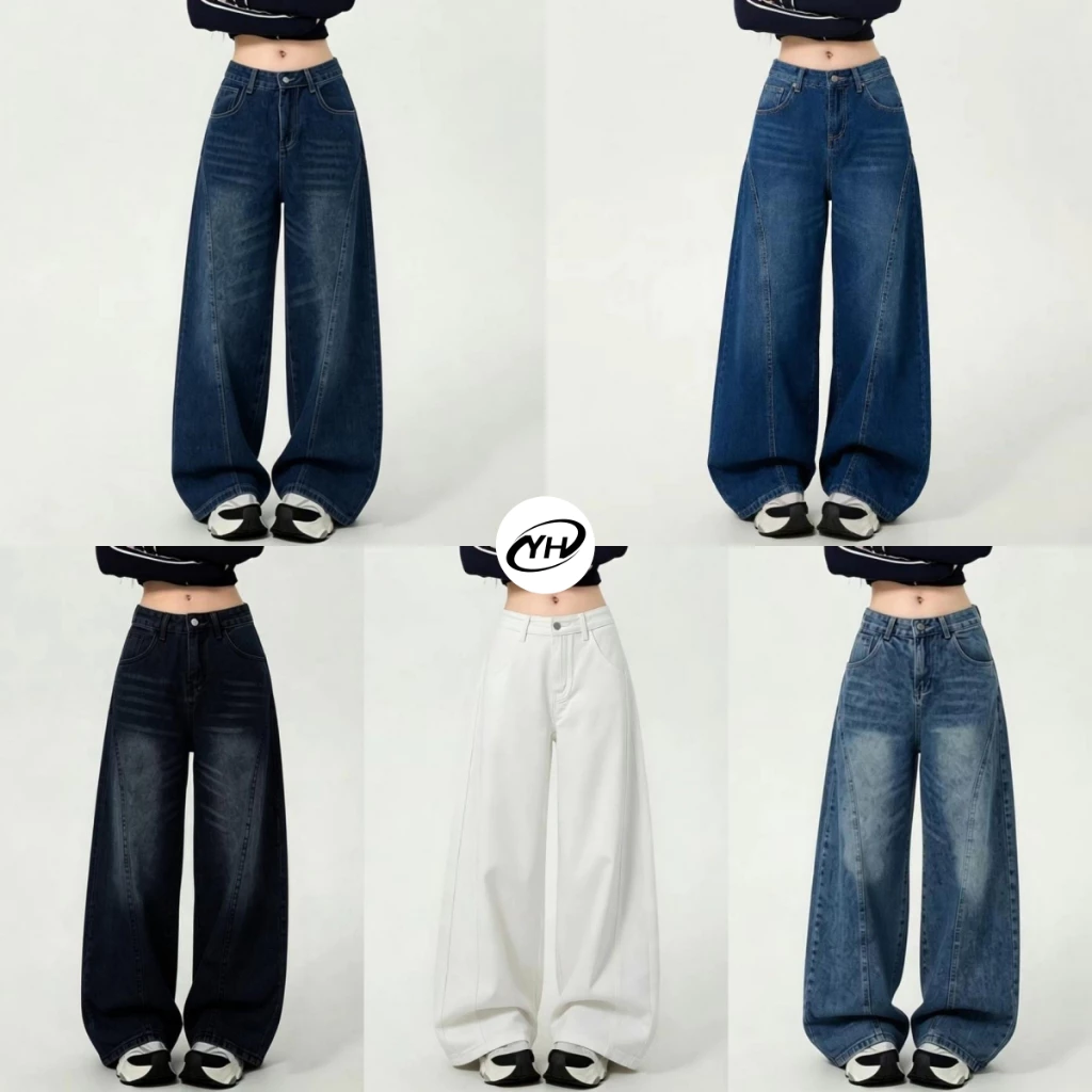 💥YH#1093💥มีไซส์ S-3XL💥กางเกงยีนส์ Balloon Fit สีฟอกสวย ขายาว ทรงใหญ่ ดีไซล์ตะเข็บโค้ง แฟชั่นสไตล์ยุโรป