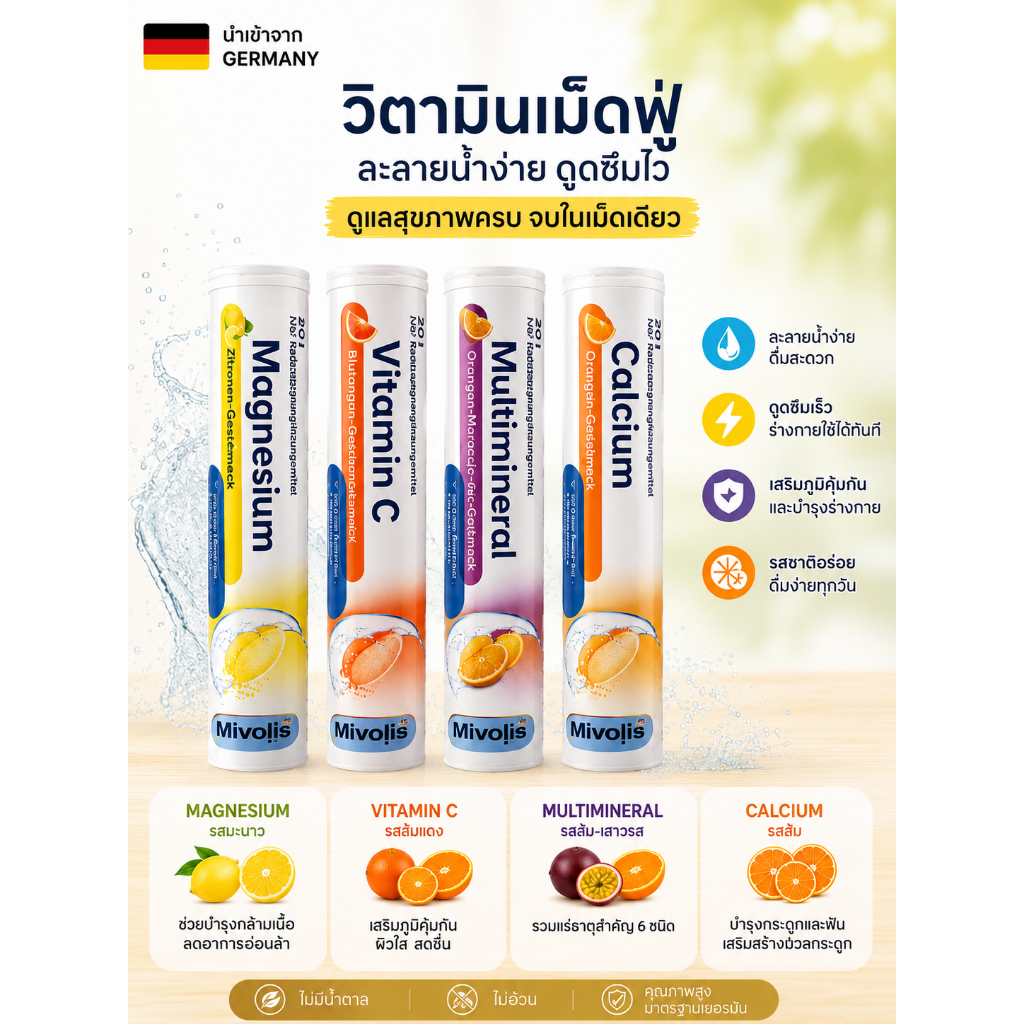 Mivolis เม็ดฟู่วิตามินและแร่ธาตุ 20 เม็ด Vitamin C นำเข้าจากเยอรมนี
