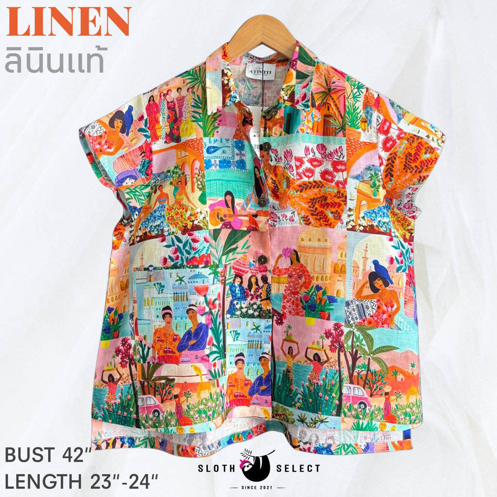 SLOTH SELECT เสื้อเชิ้ตลินินแท้ ผ้าเนื้อดี พิมพ์ลายสวย ทรงแขนในตัว