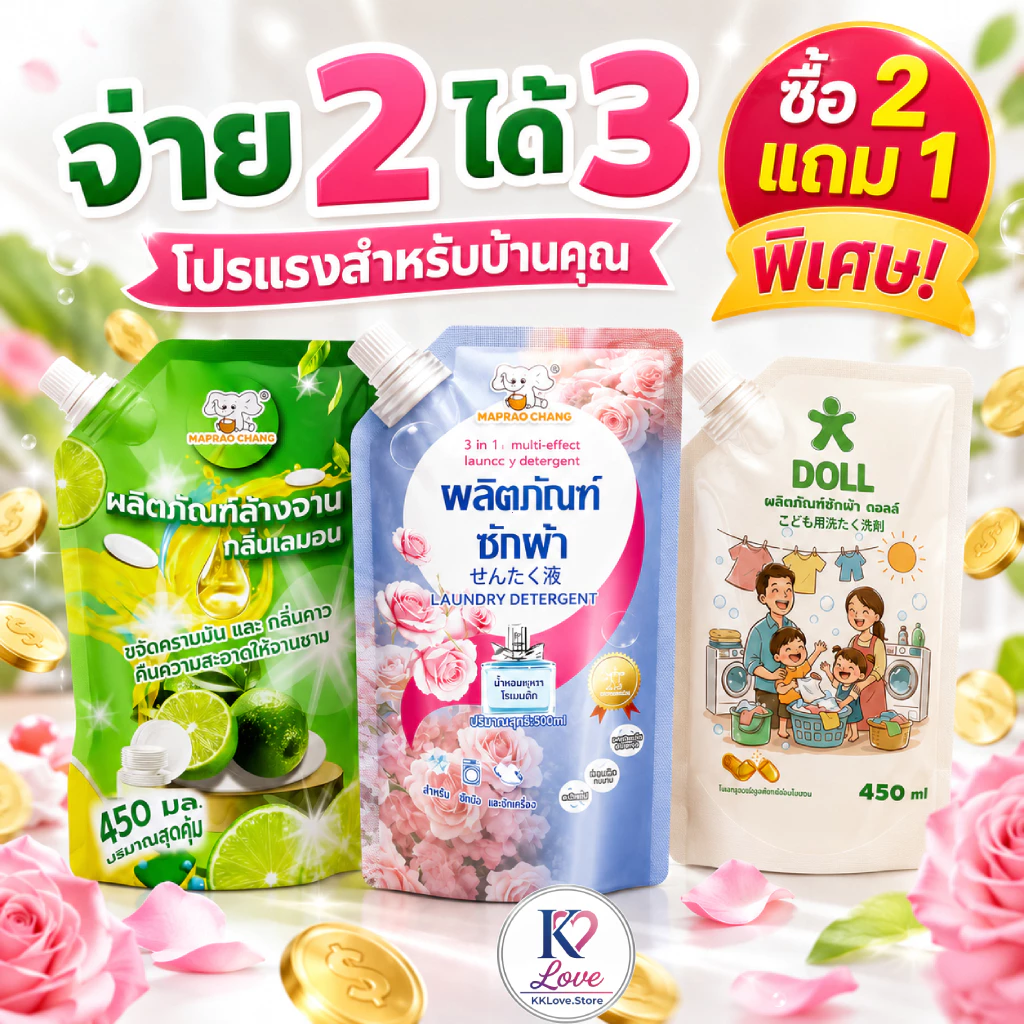 ซื้อ 2 แถม 1 ชุดสุดคุ้ม 3 ถุง น้ำยาซักผ้า น้ำยาล้างจาน และน้ำยาดูแลเสื้อผ้าเด็ก ใช้คุ้มทั้งบ้าน
