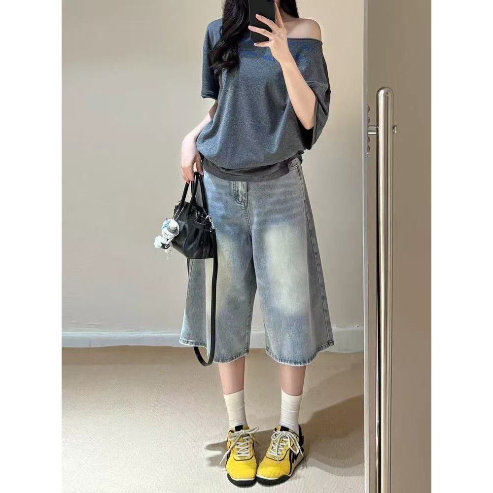 Swan shop กางเกงยีนส์ 6 ส่วน ขากว้าง ทรงหลวม พรางหุ่น ใส่สบาย แมทช์ง่าย