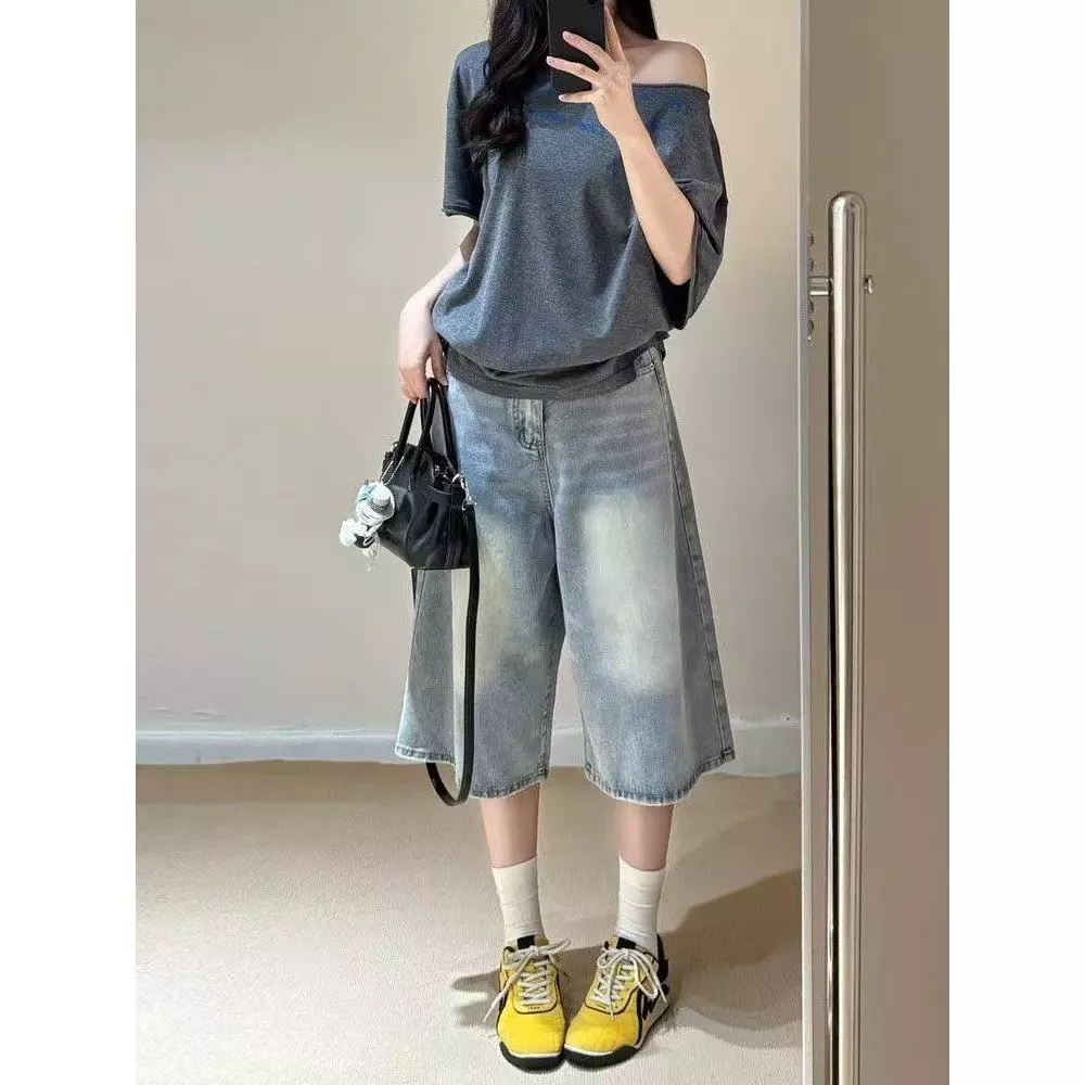 Swan shop กางเกงยีนส์ 6 ส่วน ขากว้าง ทรงหลวม พรางหุ่น ใส่สบาย แมทช์ง่าย
