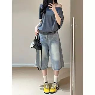 Swan shop กางเกงยีนส์ 6 ส่วน ขากว้าง ทรงหลวม พรางหุ่น ใส่สบาย แมทช์ง่าย