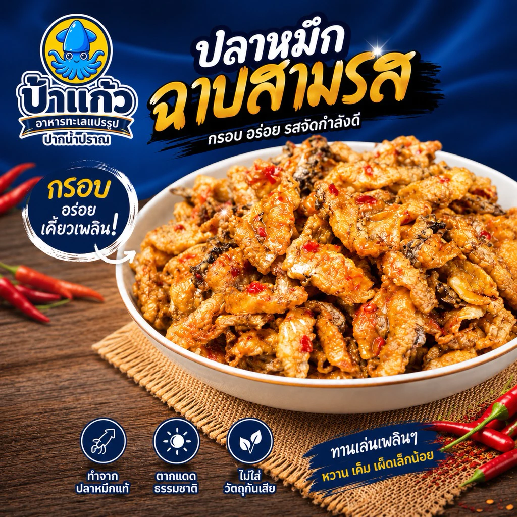 ปลาหมึกสามรส หมึกฉาบสามรส กรอบอร่อย ไม่เหนียว ไม่ผสมแป้ง หวานเค็มเผ็ดเล็กน้อย