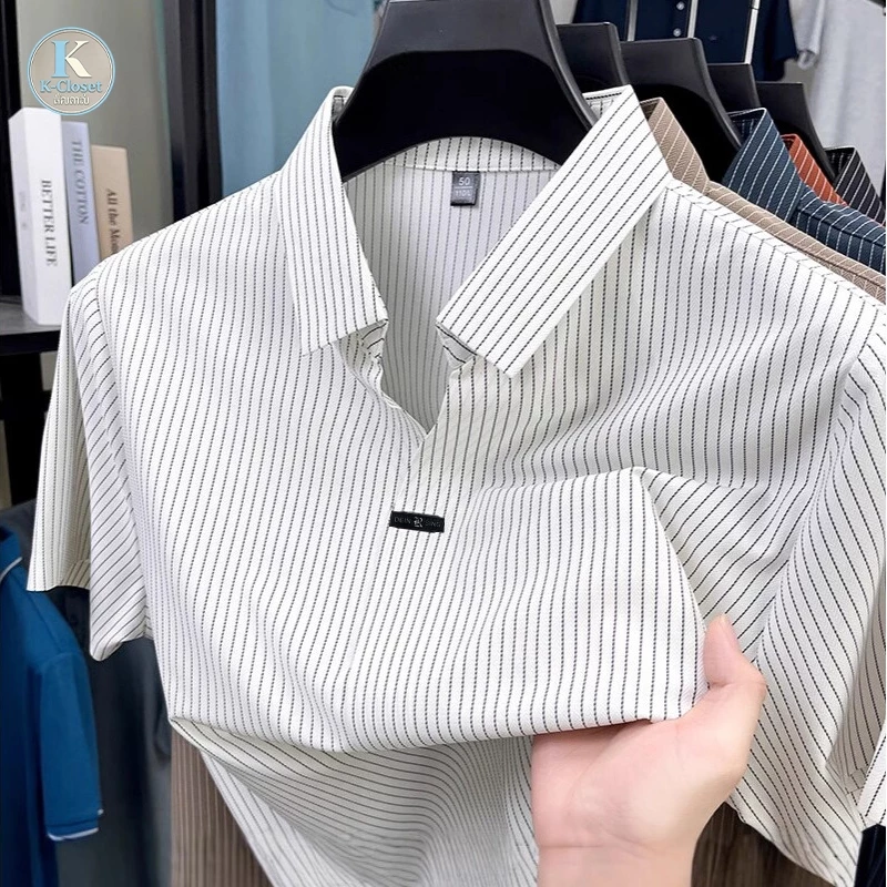 kcloset - เสื้อโปโลผ้าไหมน้ำแข็งสำหรับผู้ชาย สไตล์เกาหลี แขนสั้น คอวี ลายทางแนวตั้ง