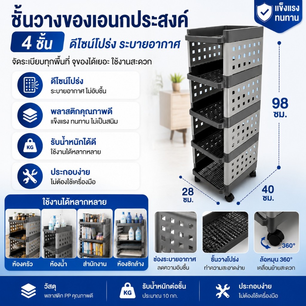 API-1075 ชั้นวางของอเนกประสงค์ / ตะแกรงวางของ 5 ชั้น มีล้อ ( พร้อมส่ง )
