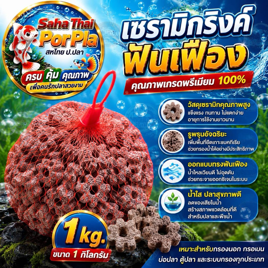 วัสดุกรองเซรามิก คุณภาพสูงแบบใหม่ หินดาว (ฟันเฟือง 7 แฉก) พร้อมถุงตาข่าย