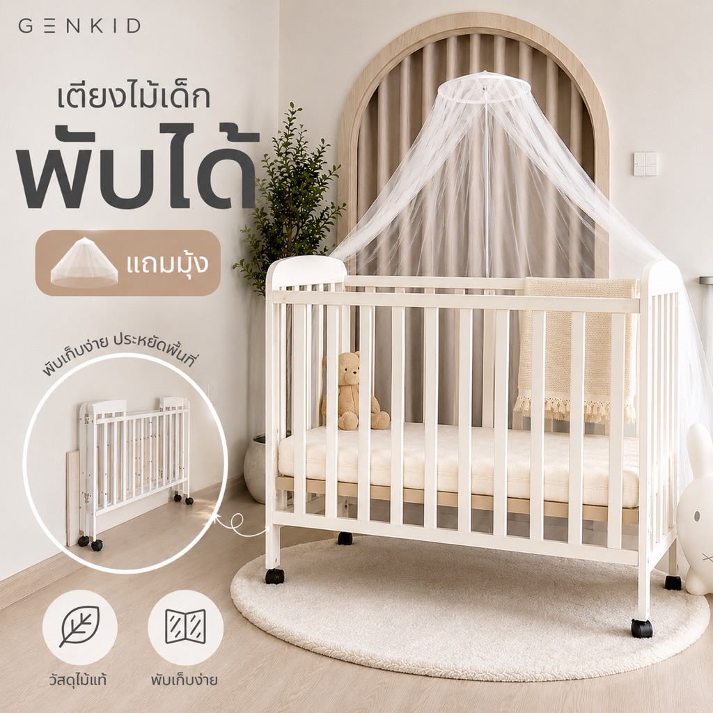 GENKID เตียงเด็กไม้ พับได้ มีล้อพร้อมตัวล็อก ปรับ 2 ระดับ เตียงเด็กแรกเกิด ฟูกเต็มแผ่น สีขาว มินิมอล