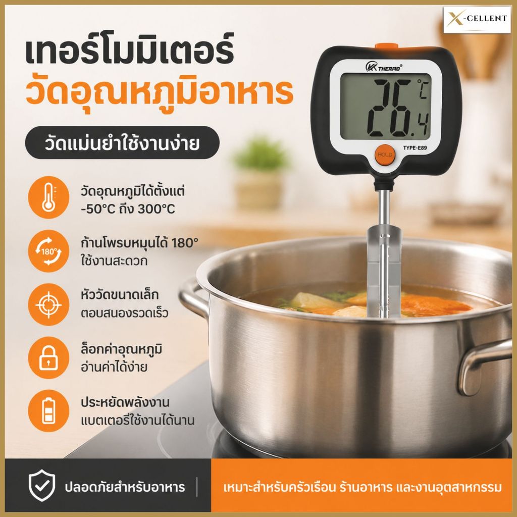 เทอร์โมมิเตอร์วัดอุณหภูมิหม้อทอดน้ำตาล เทอร์โมมิเตอร์อิเล็กทรอนิกส์ดิจิตอลสำหรับอบ ทำแยม ช็อกโกแลต และอาหาร