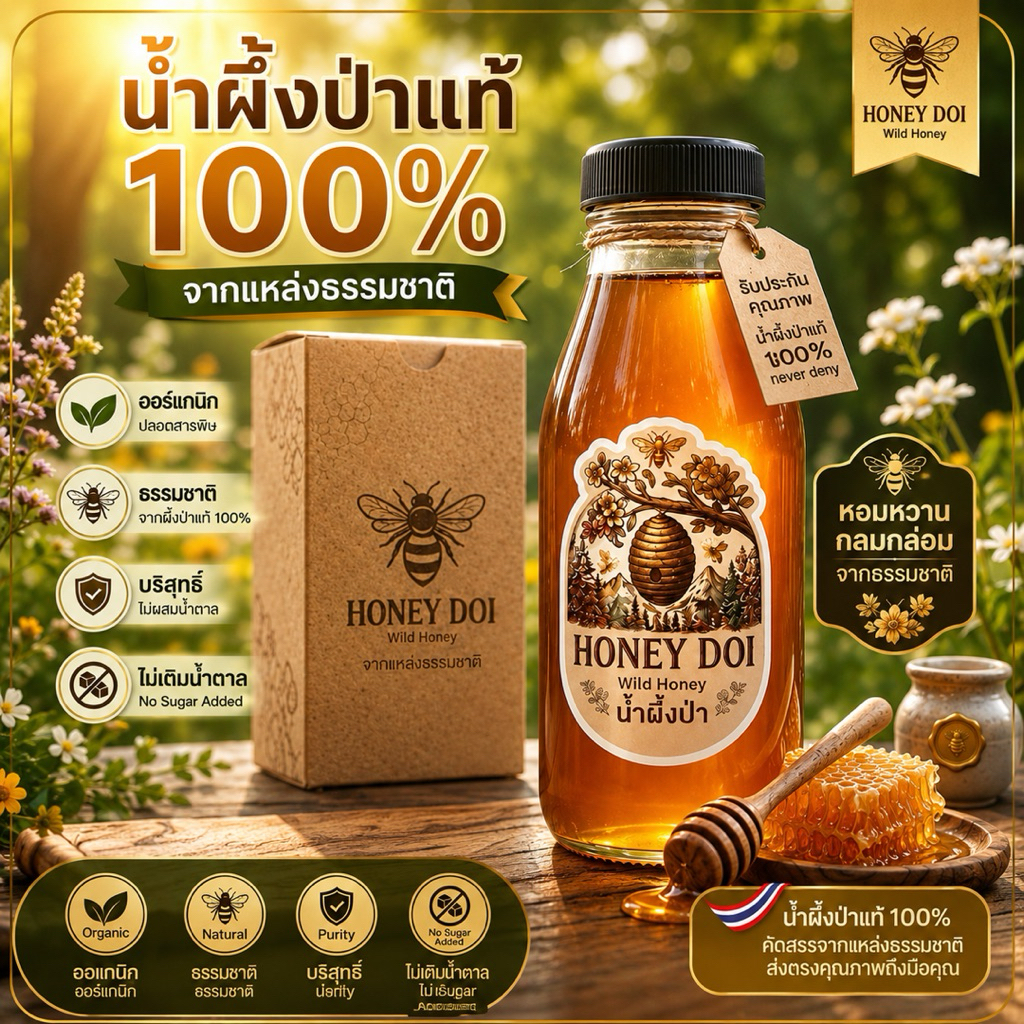 น้ำผึ้งป่าแท้ จากชาวบ้านเก็บตามฤดูกาล คัดสรรจากแหล่งธรรมชาติ 100% ไม่ผ่านการเลี้ยง ไม่ผสมน้ำตาล