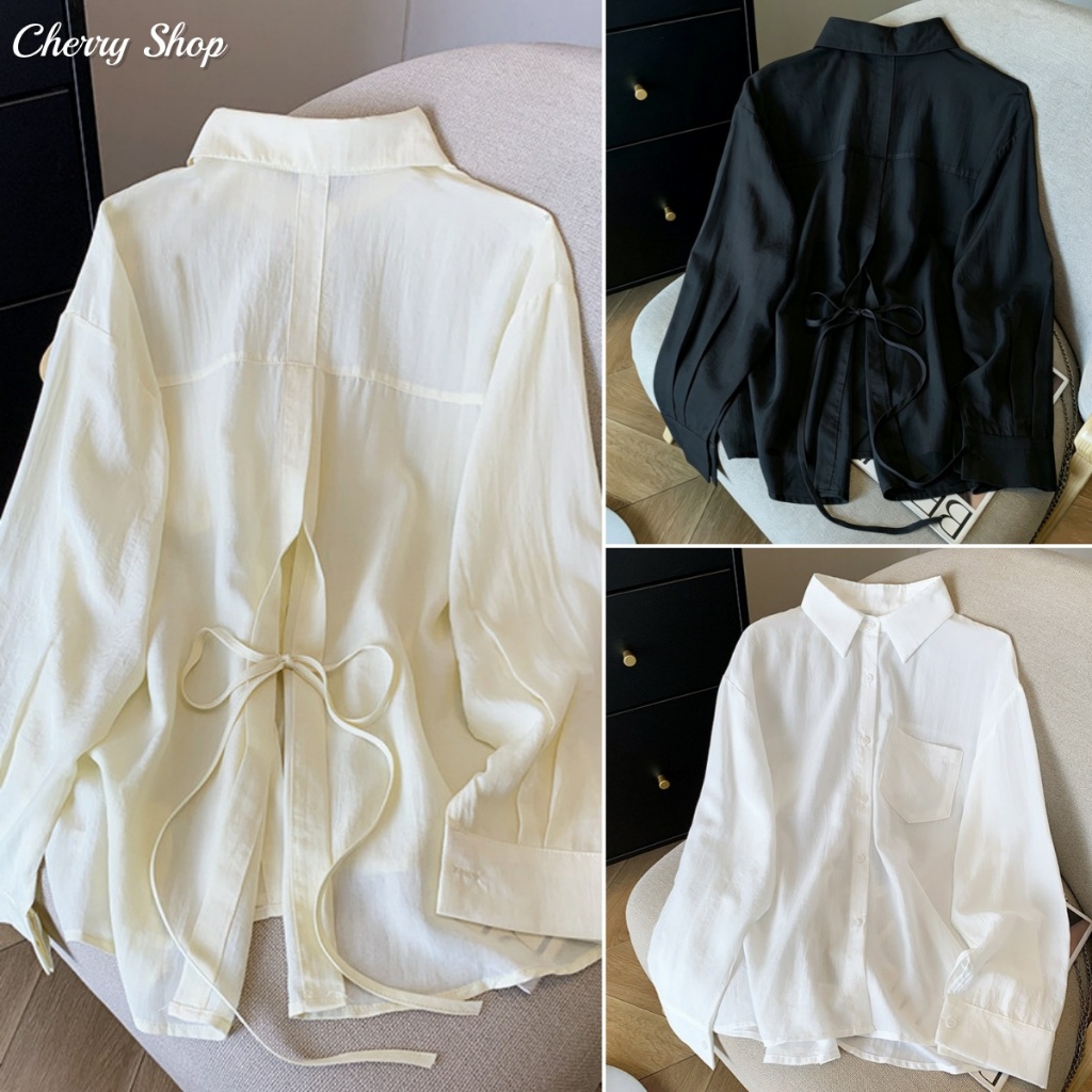 cherryshop พร้อมส่ง เสื้อกันแดดแขนยาวทรงบางสไตล์เกาหลีสำหรับผู้หญิงในฤดูร้อน ดีไซน์ผ่าหลังพร้อมผูก