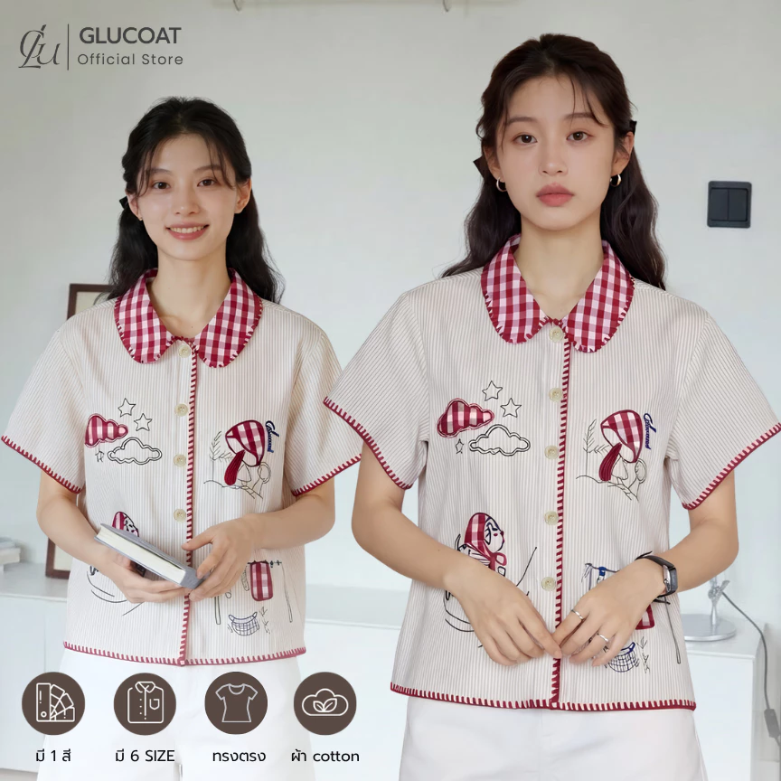 Glucoat | [A799] เสื้อแขนสั้นคอปกลายสก็อตสีแดง ปักลายการ์ตูน กระดุมหน้าใช้งานได้จริง