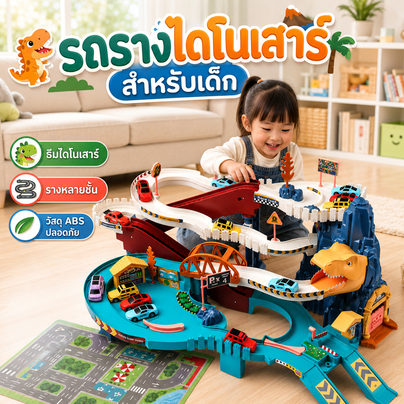 🔥แถมรถ5คัน🔥รถรางไฟฟ้า รถรางของเล่น รถรางของเล่นเด็กทรงไดโนเสาร์ ของเล่นเสริมพัฒนาการ DIY toy