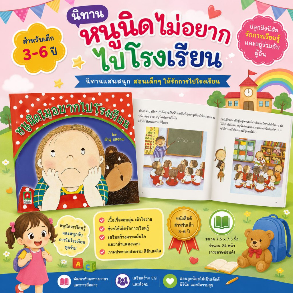 Aksara for kids หนังสือเด็ก นิทาน หนูนิด ไม่อยากไปโรงเรียน กระดาษหนา