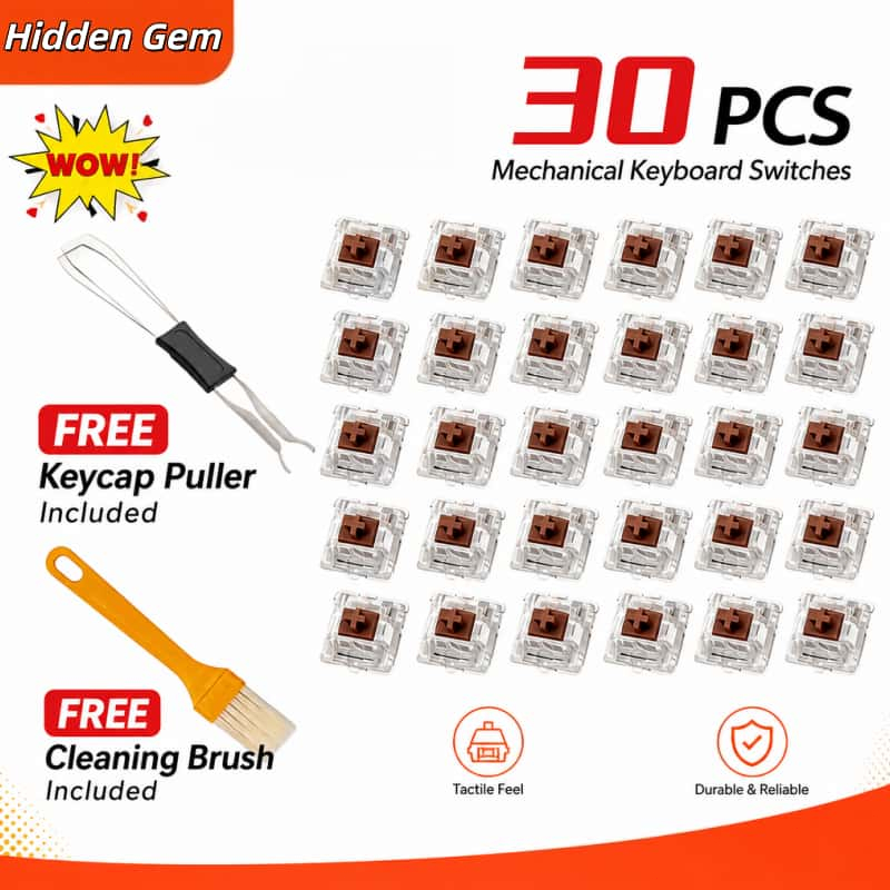 สวิตช์คีย์บอร์ด Clicker Key 30 ชิ้น 3 พิน สวิตช์สัมผัสคีย์บอร์ดกลไก พร้อมเครื่องถอดคีย์แคป + แปรงทำความสะอาด