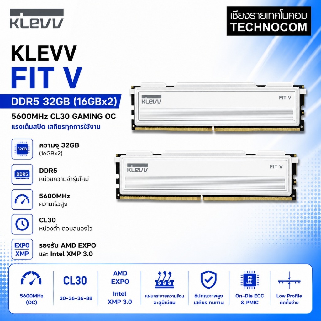 KLEVV FIT V DDR5 32GB 5600MHz White (แรมคอมพิวเตอร์ RAM) Gaming OC (KD5AGU880-56K300F)