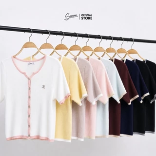 Serene's Choice เสื้อไหมพรมคอวี กระดุมหน้า 6 เม็ด เสื้อไหมพรมผู้หญิง แขนสั้น แต่งขอบสีทูโทน