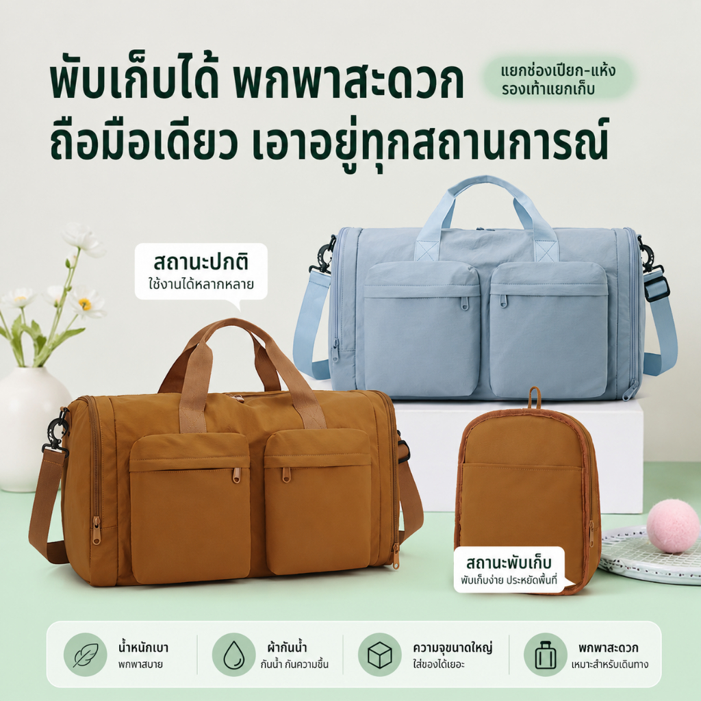 กระเป๋าเดินทางกันน้ำขนาดใหญ่ มีช่องแยกสำหรับของแห้งและของเปียก เหมาะสำหรับใช้เป็นกระเป๋าออกกำลังกาย