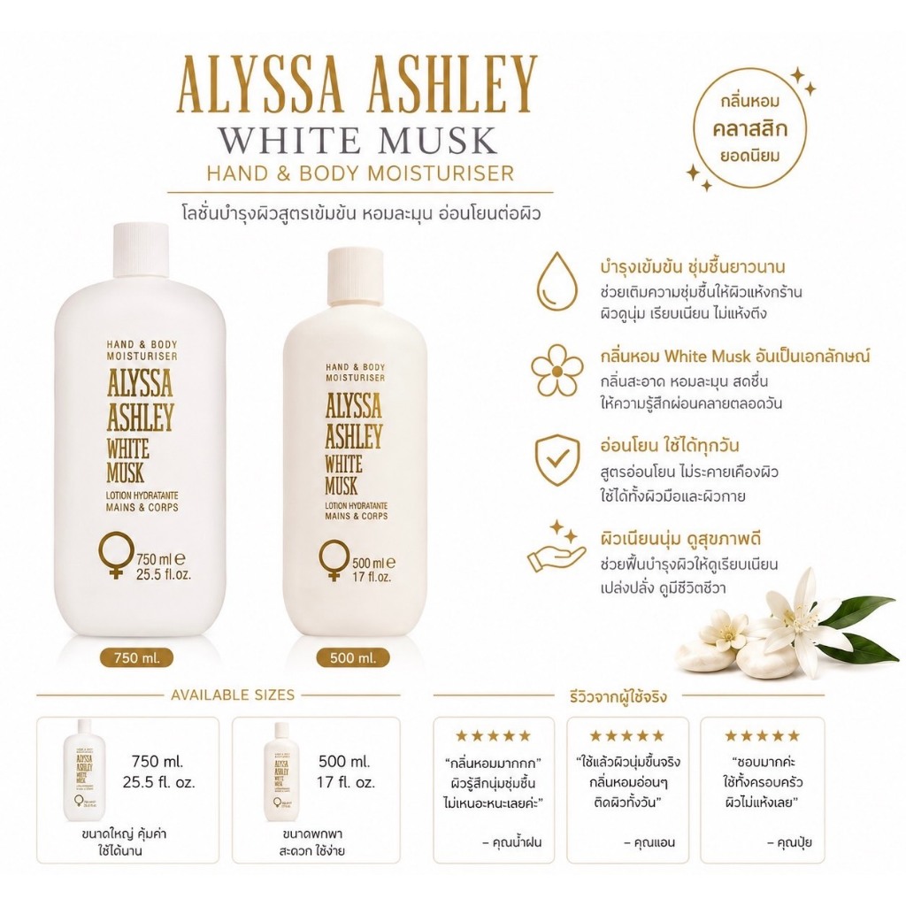 ถูกที่สุด Alyssa Ashley White Musk Hand & Body Moisturiser โลชั่นจากประเทศอิตาลี