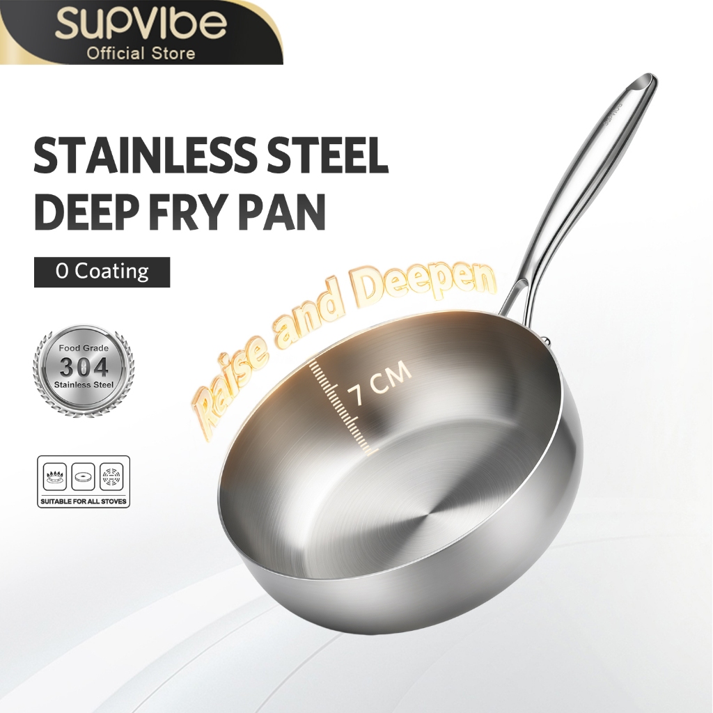 SUPVIBE กระทะสแตนเลส 304 สเต็กทอดในกระทะ กระทะผัด สามารถใช้เตาแม่เหล็กไฟฟ้าได้