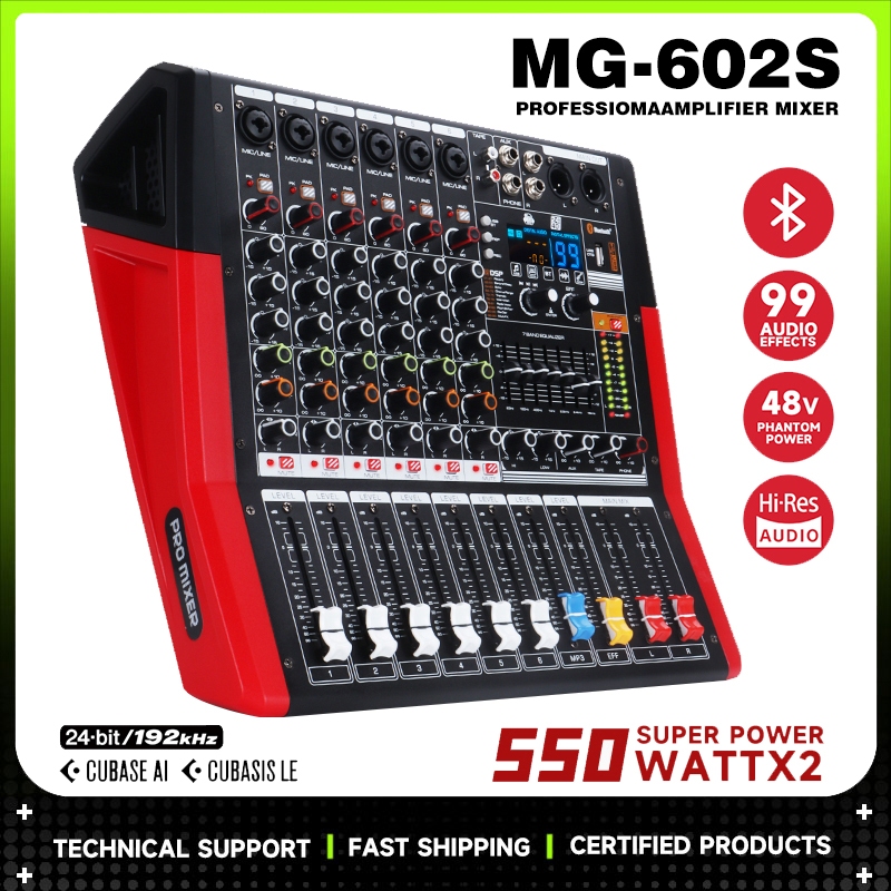 MG602S มิกเซอร์พร้อมเพาเวอร์แอมป์ในเครื่องเดียว รีเวิร์บ 99DSP เอฟเฟกต์มืออาชีพบลูทูธอีควอไลเซอร์สำหรับเล่น 550W