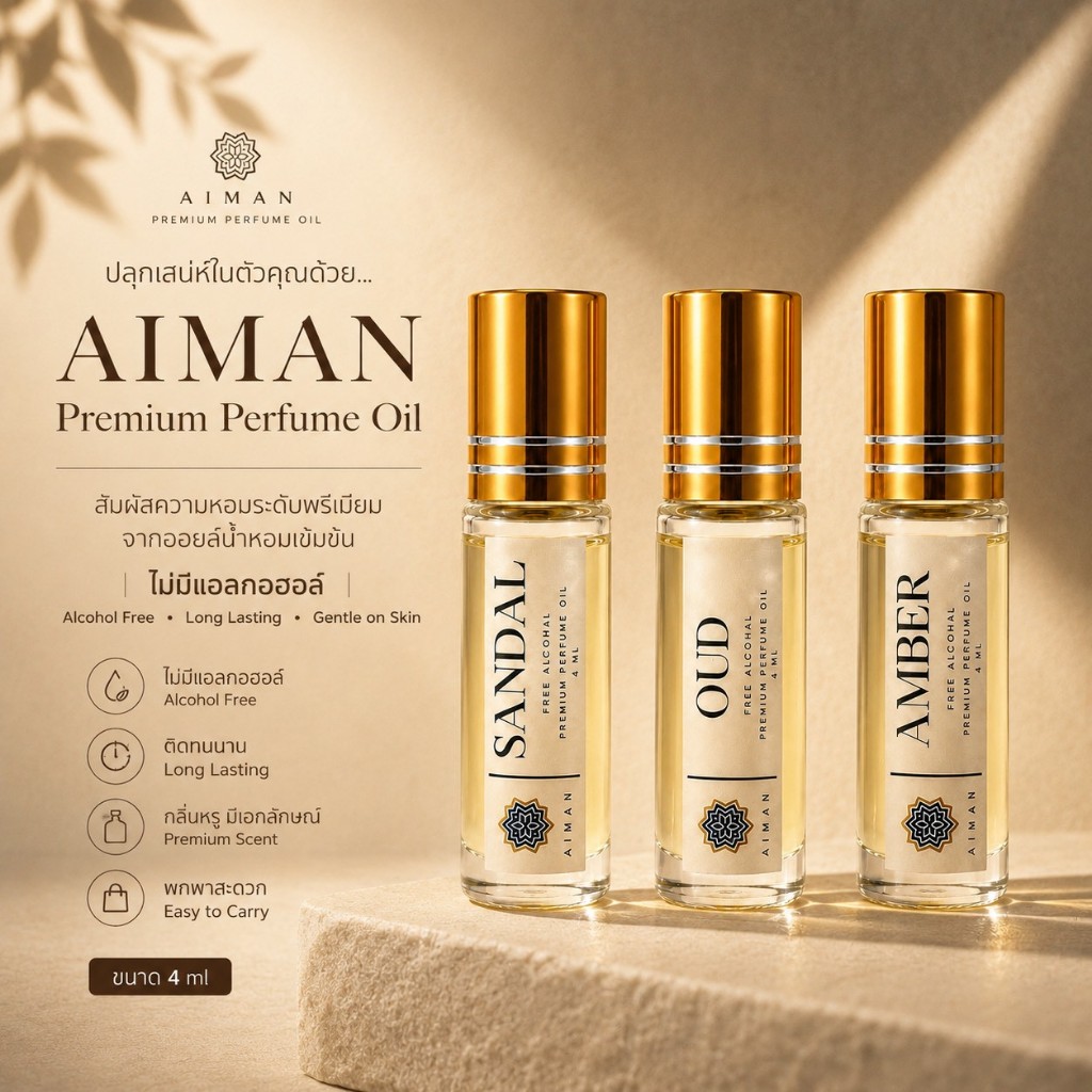 Aiman premium perfume oil ออยล์น้ำหอมจากไม้กฤษณา (ไม่มีแอลกอฮอล์) ขนาด 4 ml. ขวดเล็ก พกพาสะดวก