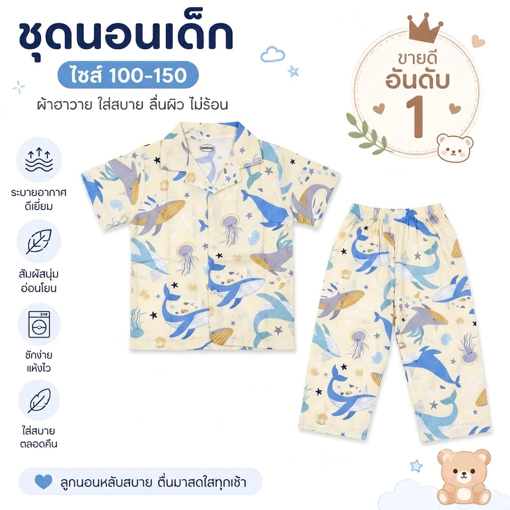 ชุดนอนเด็กคอปก ชุดนอนเด็กชาย เด็กหญิง ผ้าฮาวาย แขนสั้นขา 5 ส่วน มีกระดุมหน้า เนื้อผ้านุ่มใส่สบาย สีสันสดใส ไซส์ 100-120 thumbnail 10
