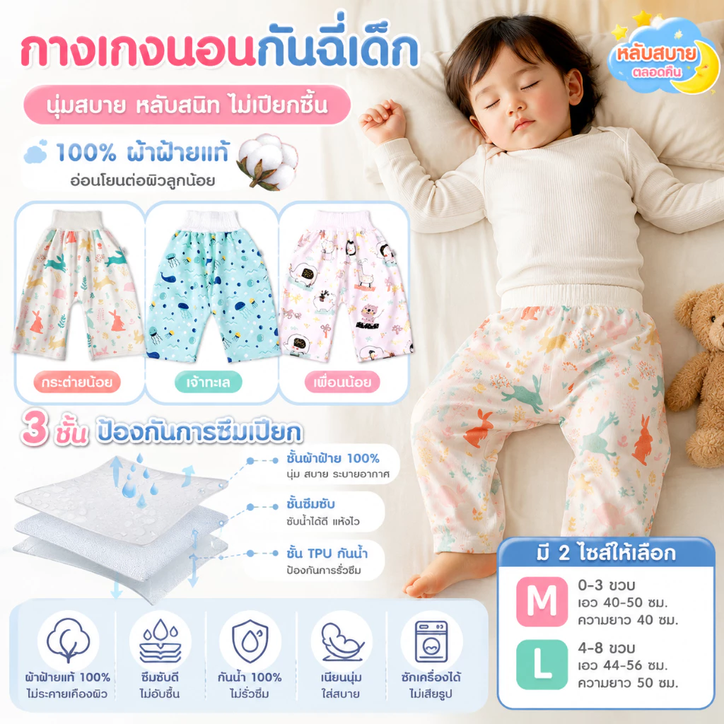 COD👶💕กางเกงนอนเด็กซับฉี่ ฝึกเลิกแพมเพิส ใส่นอนป้องกันเตียงเปื้อน กางเกงผ้าอ้อม