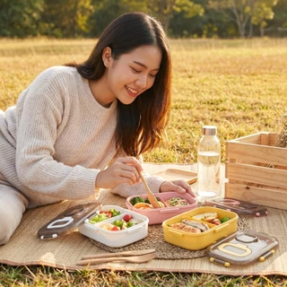 กล่องข้าว กล่องเบนโตะ พร้อมช้อนส้อม ฝาล็อคสุญญากาศ เข้าไมโครเวฟได้ กล่องถนอมอาหาร เหมาะสำหรับพนักงานออฟฟิศและนักเรียน
